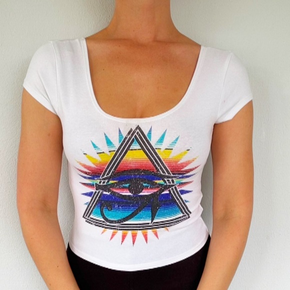 Wet Seal white rainbow evil eye print short sleeve scoop back crop tee small - Picture 1 of 10